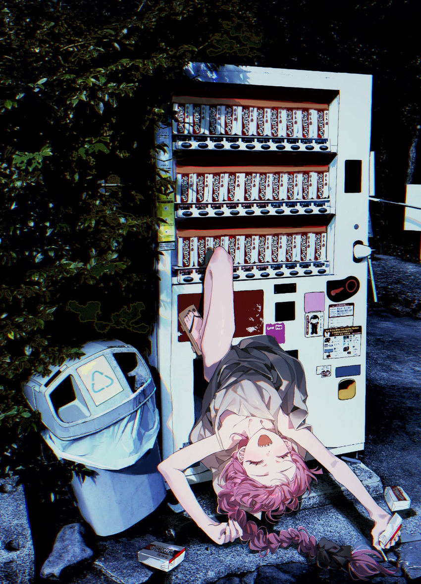 1girl, alcohol_carton, bccommi, black_bow, black_nails, bocchi_the_rock!, bow, braid, chromatic_aberration, closed_eyes, commentary, dress, drinking_straw, geta, green_dress, hair_bow, highres, hiroi_kikuri, long_hair, nail_polish, nature, open_mouth, outdoors, photo_background, purple_hair, sharp_teeth, single_braid, solo, spaghetti_strap, teeth, toenail_polish, toenails, trash_can, upper_teeth_only, vending_machine