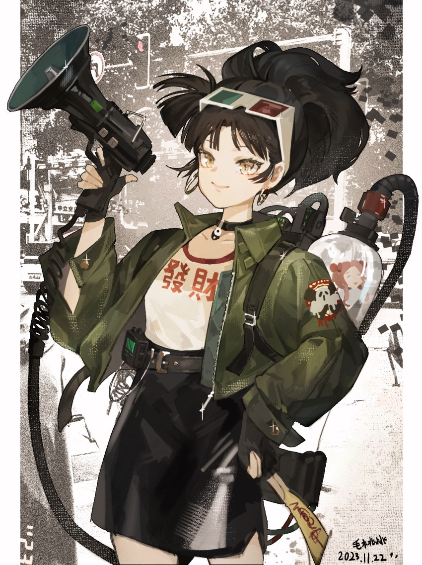 1girl, 3d_glasses, alraune, an-an_lee, artist_name, backpack, bag, bell_jar, belt, between_fingers, black_bag, black_belt, black_choker, black_gloves, black_hair, black_skirt, choker, closed_mouth, clothes_writing, cowboy_shot, dated, earrings, eyewear_on_head, finger_on_trigger, fingerless_gloves, gloves, green_jacket, hand_on_own_hip, hand_up, highres, holding, holding_ofuda, hoop_earrings, hose, jacket, jewelry, long_sleeves, looking_at_viewer, maotaotao, megaphone, miniskirt, monochrome_background, monster_girl, ofuda, open_clothes, open_jacket, plant_girl, ponytail, reverse:1999, shirt, shirt_tucked_in, short_hair, signature, skirt, smile, solo, white_shirt, yellow_eyes, yin_yang