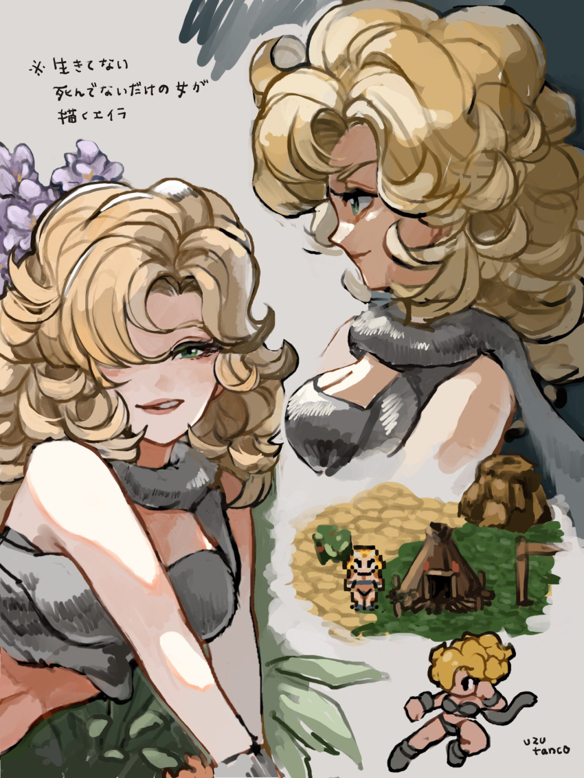 1girl, artist_name, ayla_(chrono_trigger), bare_shoulders, blonde_hair, blue_eyes, breasts, cavewoman