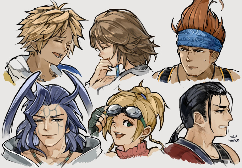 2girls, 4boys, ahoge, armor, artist_name, auron, bare_shoulders, beads