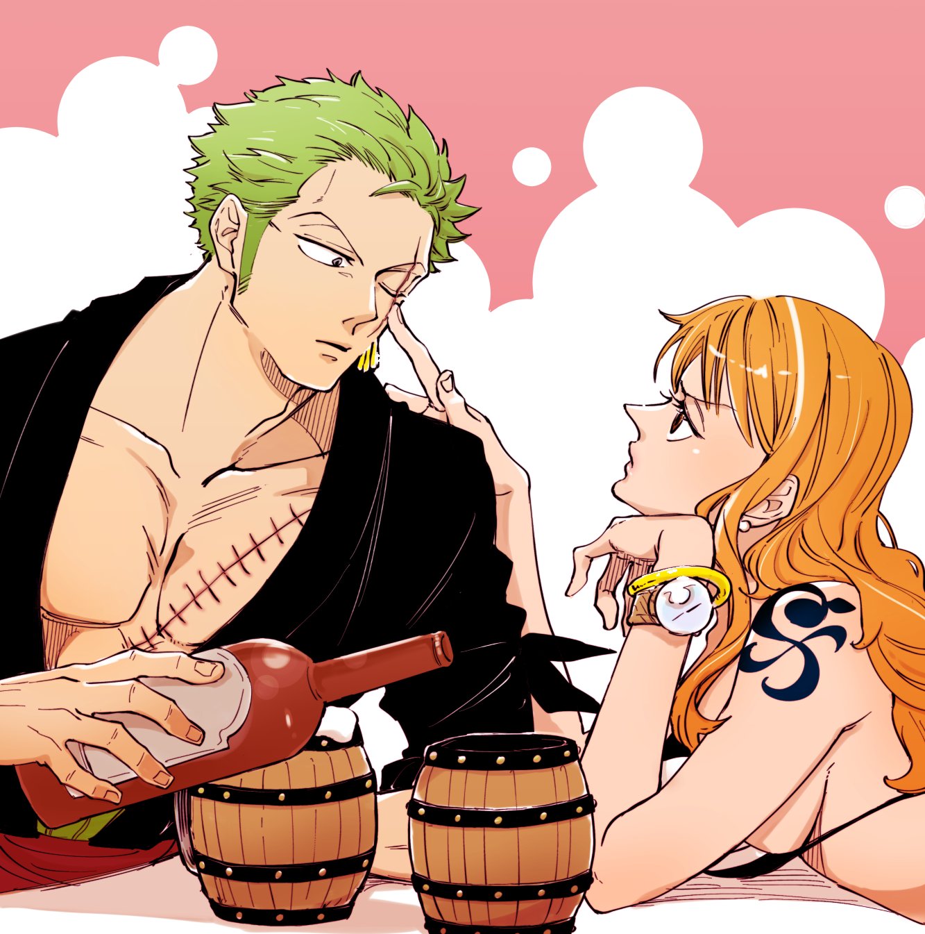 1boy, 1girl, arm_tattoo, bandana_around_arm, beer_mug, bikini, bikini_top_only, black_kimono
