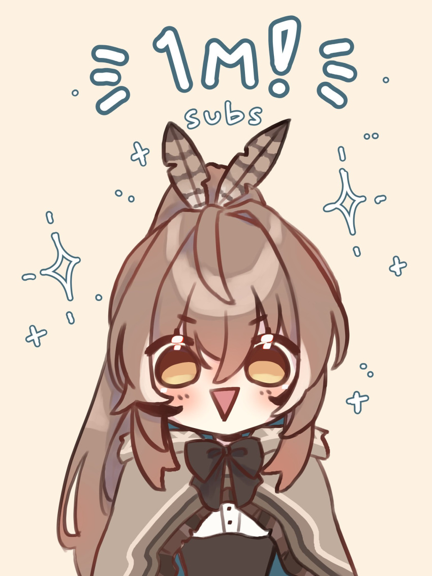 1girl, brown_capelet, brown_cloak, brown_corset, brown_eyes, brown_hair, capelet, chibi, cloak, congratulations, corset, crossed_bangs, double-parted_bangs, english_text, feather_hair_ornament, feathers, hair_ornament, highres, hololive, hololive_english, hoshiiii_art, long_hair, looking_at_viewer, multicolored_hair, nanashi_mumei, nanashi_mumei_(1st_costume), ponytail, ribbon, shirt, sparkle, streaked_hair, triangle_mouth, very_long_hair, virtual_youtuber, white_shirt