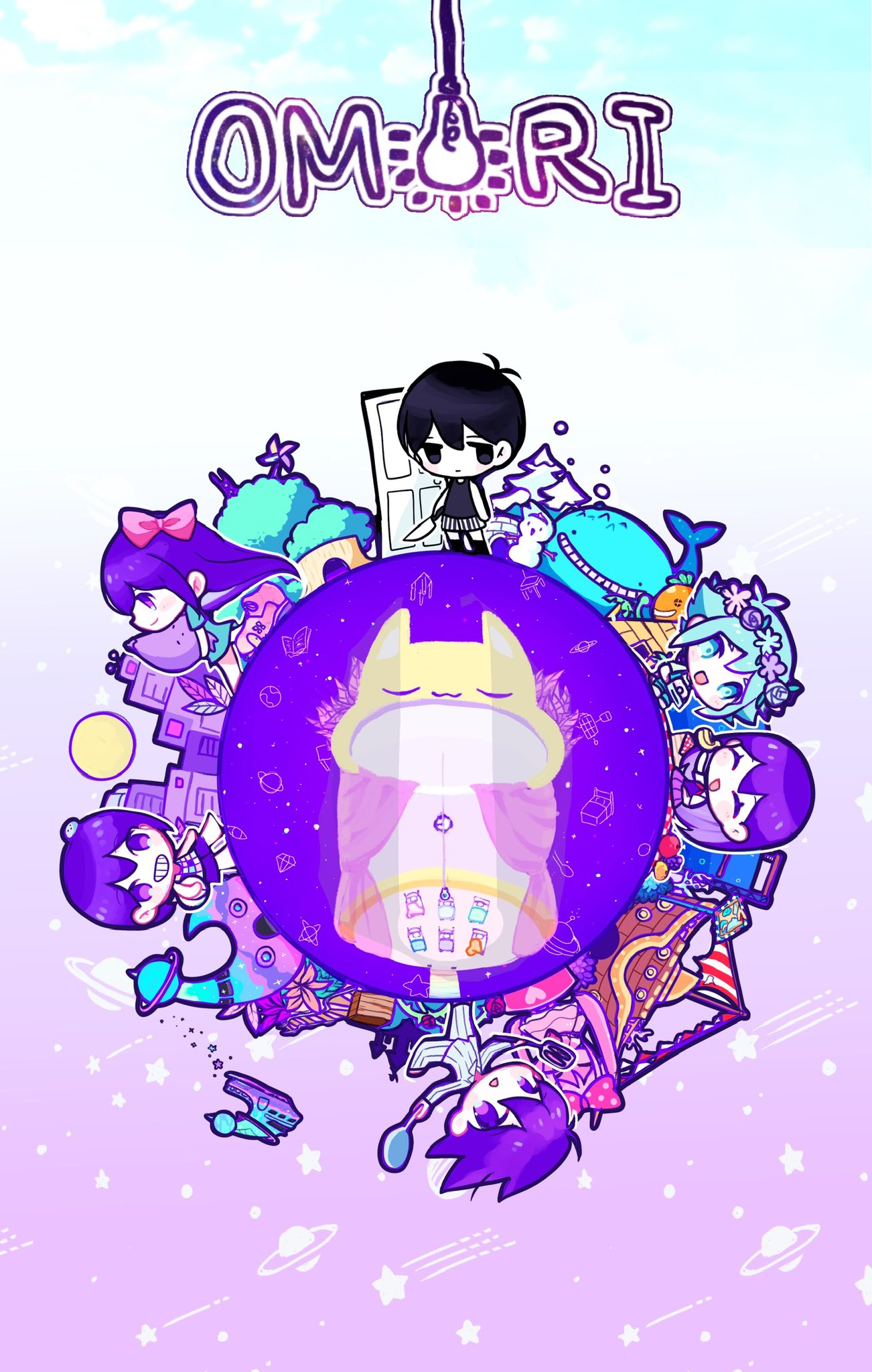 3girls, 6+boys, aubrey_(headspace)_(omori), aubrey_(omori), basil_(headspace)_(omori), basil_(omori), big_yellow_cat_(omori), black_eyes