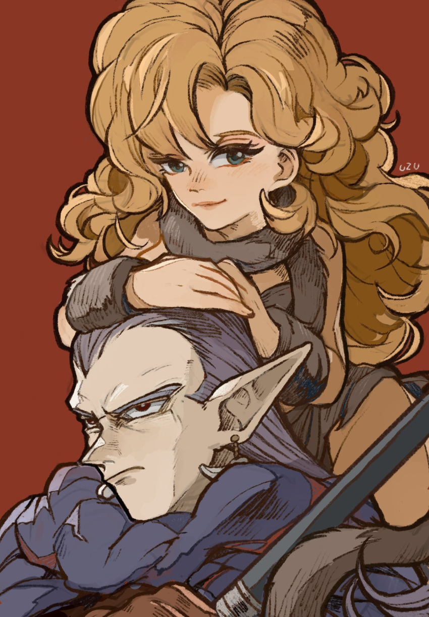 1boy, 1girl, artist_name, ayla_(chrono_trigger), bare_shoulders, blonde_hair, blue_eyes, brown_gloves