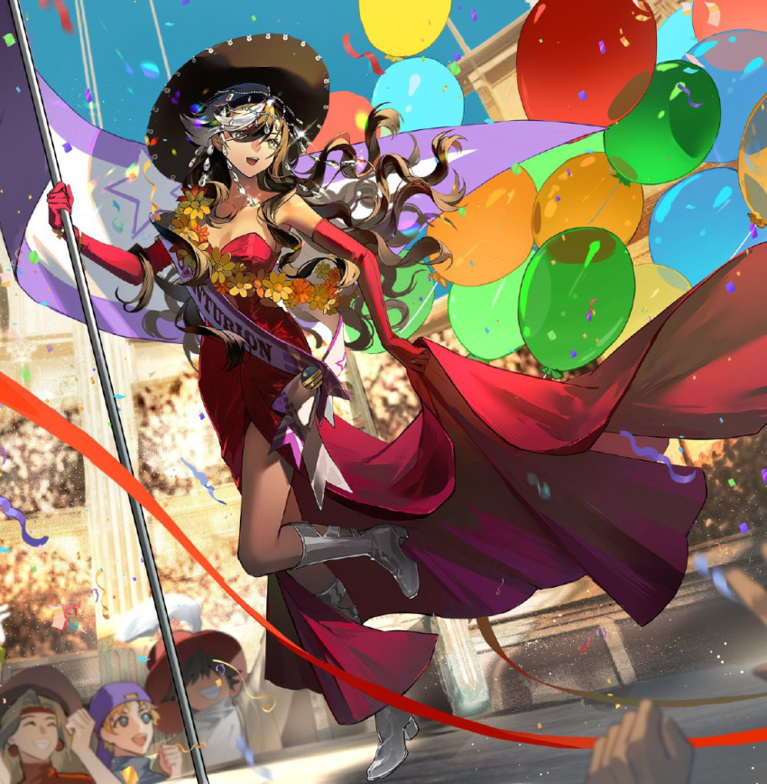 1girl, :d, audience, balloon, bare_shoulders, black_hair, blue_sky, boots