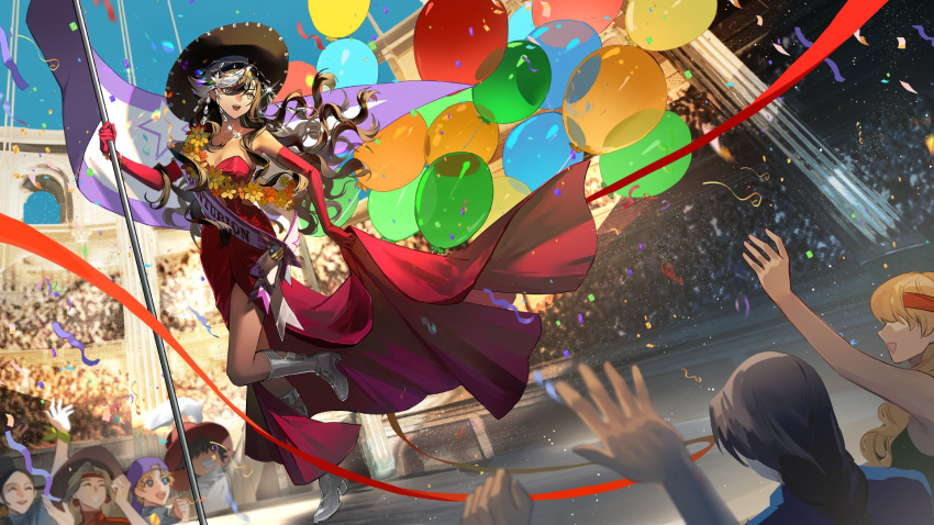 1girl, :d, audience, balloon, bare_shoulders, black_hair, blue_sky, boots