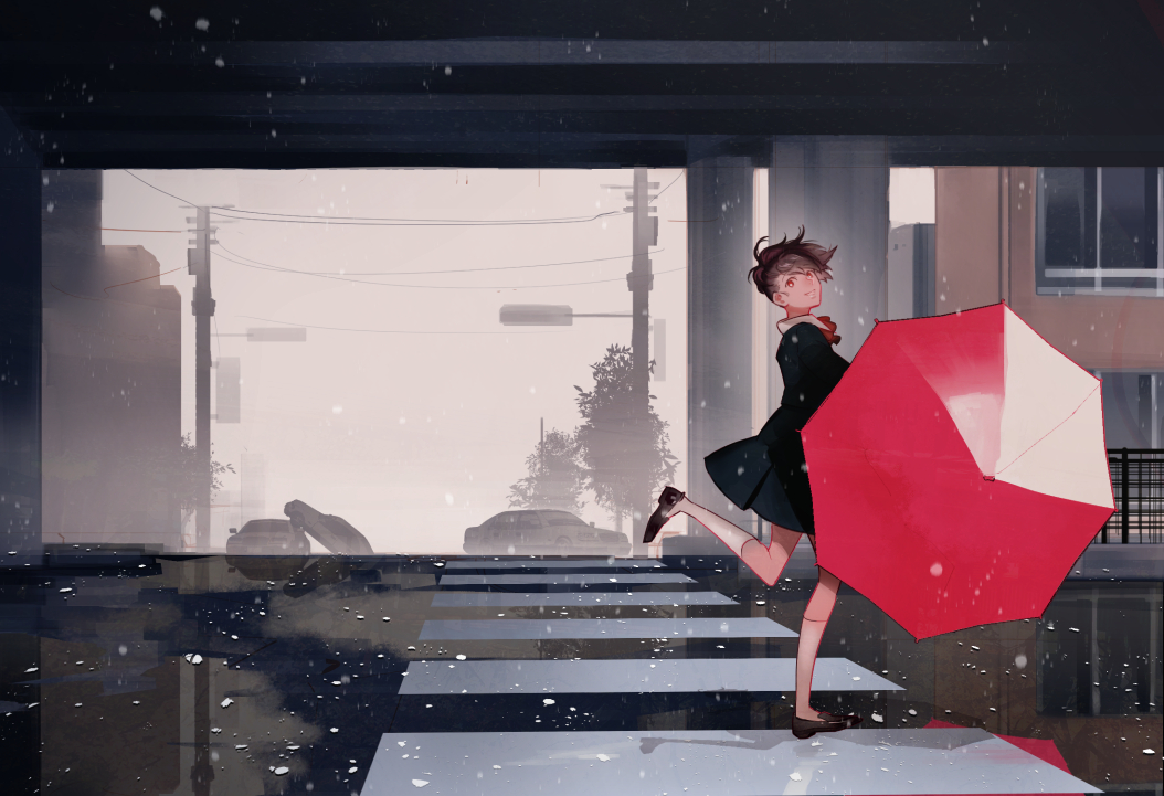 1girl, black_footwear, black_jacket, bow, bowtie, bridge, brown_hair, building, car, crosswalk, full_body, gekkoukan_high_school_uniform, grin, holding, holding_umbrella, ine_(goin), jacket, kneehighs, leg_up, loafers, long_sleeves, looking_at_viewer, motor_vehicle, outdoors, persona, persona_3, persona_3_portable, ponytail, power_lines, railing, red_bow, red_bowtie, red_umbrella, redhead, road, school_uniform, shiomi_kotone, shoes, short_hair, smile, snowing, socks, solo, tree, umbrella, utility_pole, when_you_see_it, white_socks, wide_shot