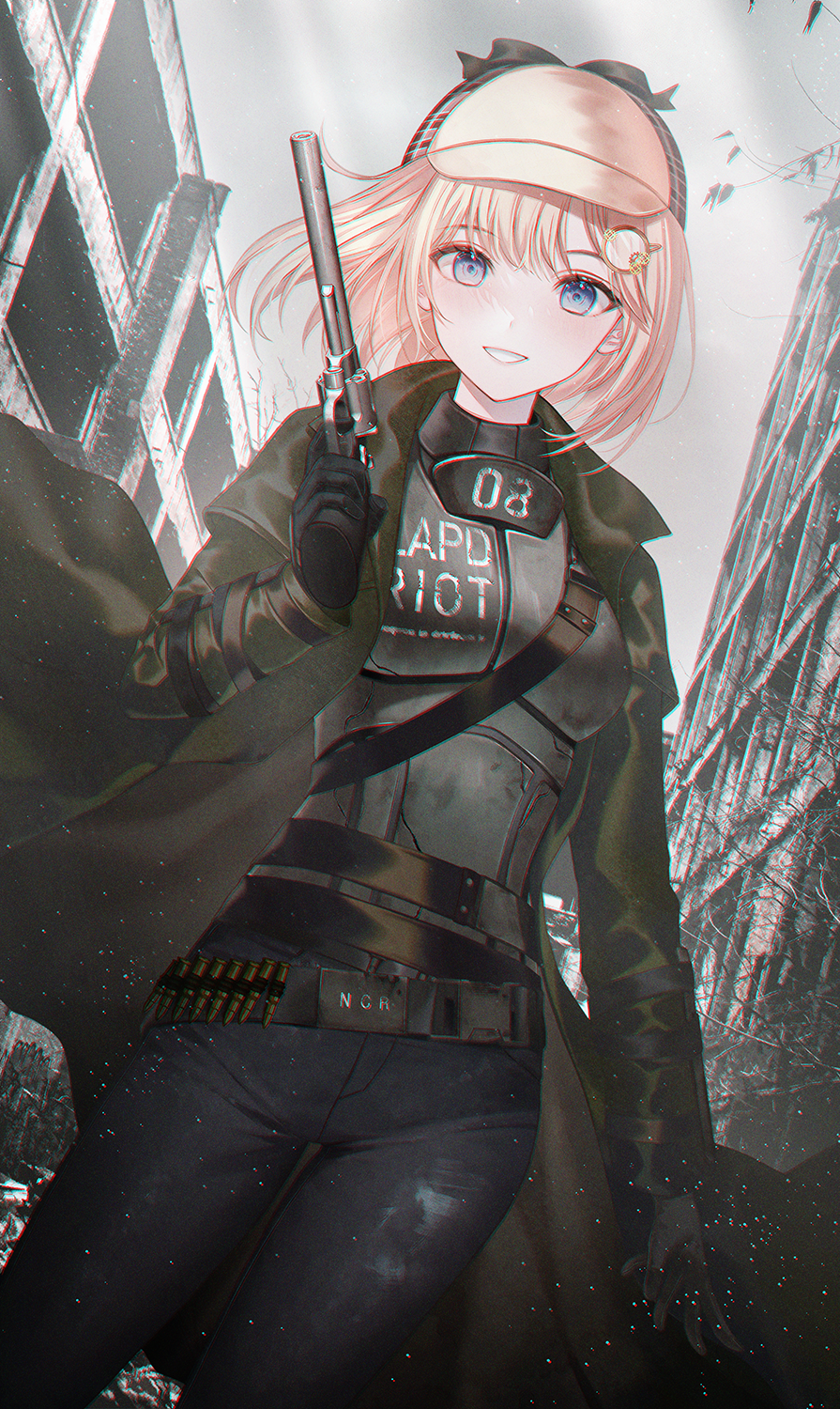 1girl, arm_wrap, armor, bad_source, belt, black_gloves, blonde_hair, blue_eyes