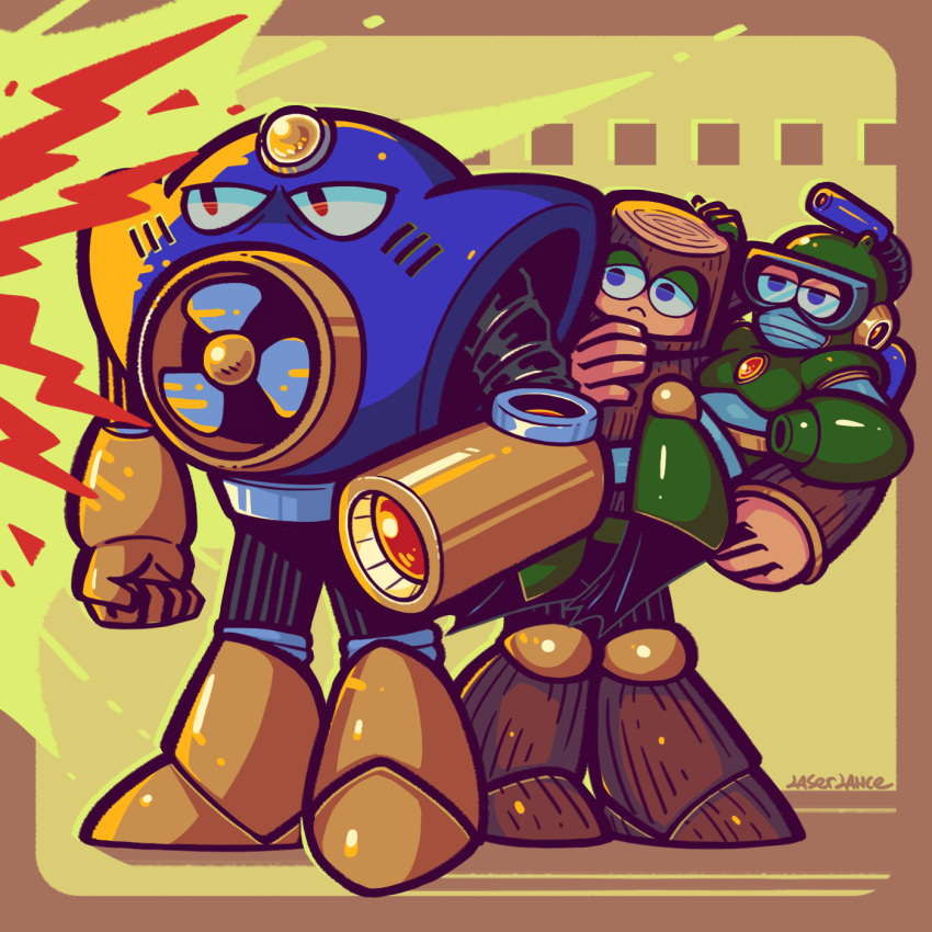 3boys, air_man, blue_eyes, bubble_man, closed_mouth, explosion, frown, goggles