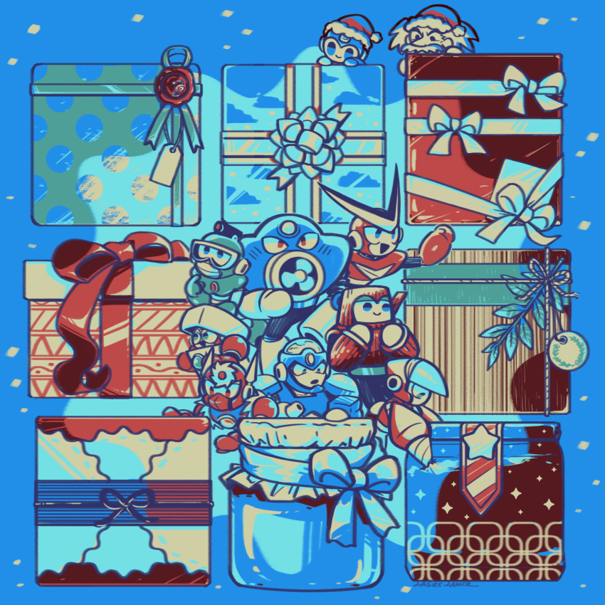 6+boys, air_man, blue_background, blue_eyes, bubble_man, christmas, commentary, crash_man