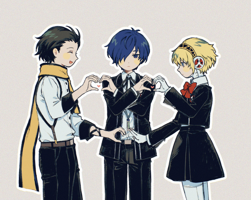 1girl, 2boys, ^_^, aegis_(persona), black_hair, black_jacket, black_pants, black_skirt
