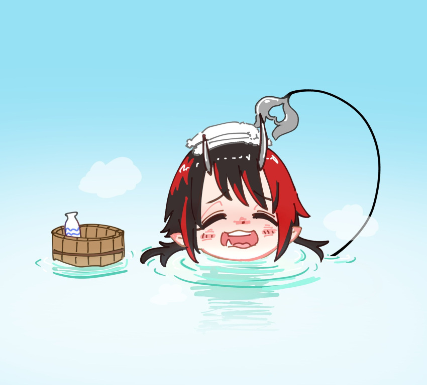 1girl, black_hair, blush, bucket, closed_eyes, demon_horns, demon_tail, grey_horns
