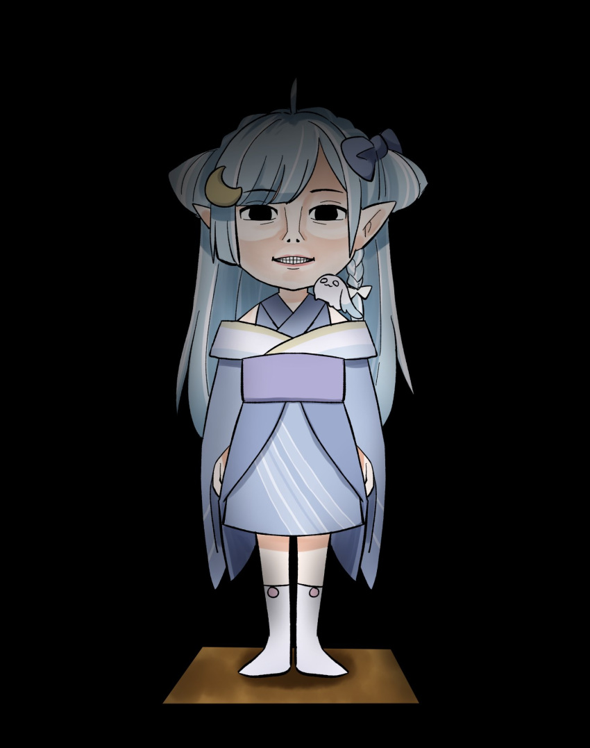 1girl, amaui, animal_on_shoulder, black_background, black_eyes, blue_bow, blue_hair, blue_kimono