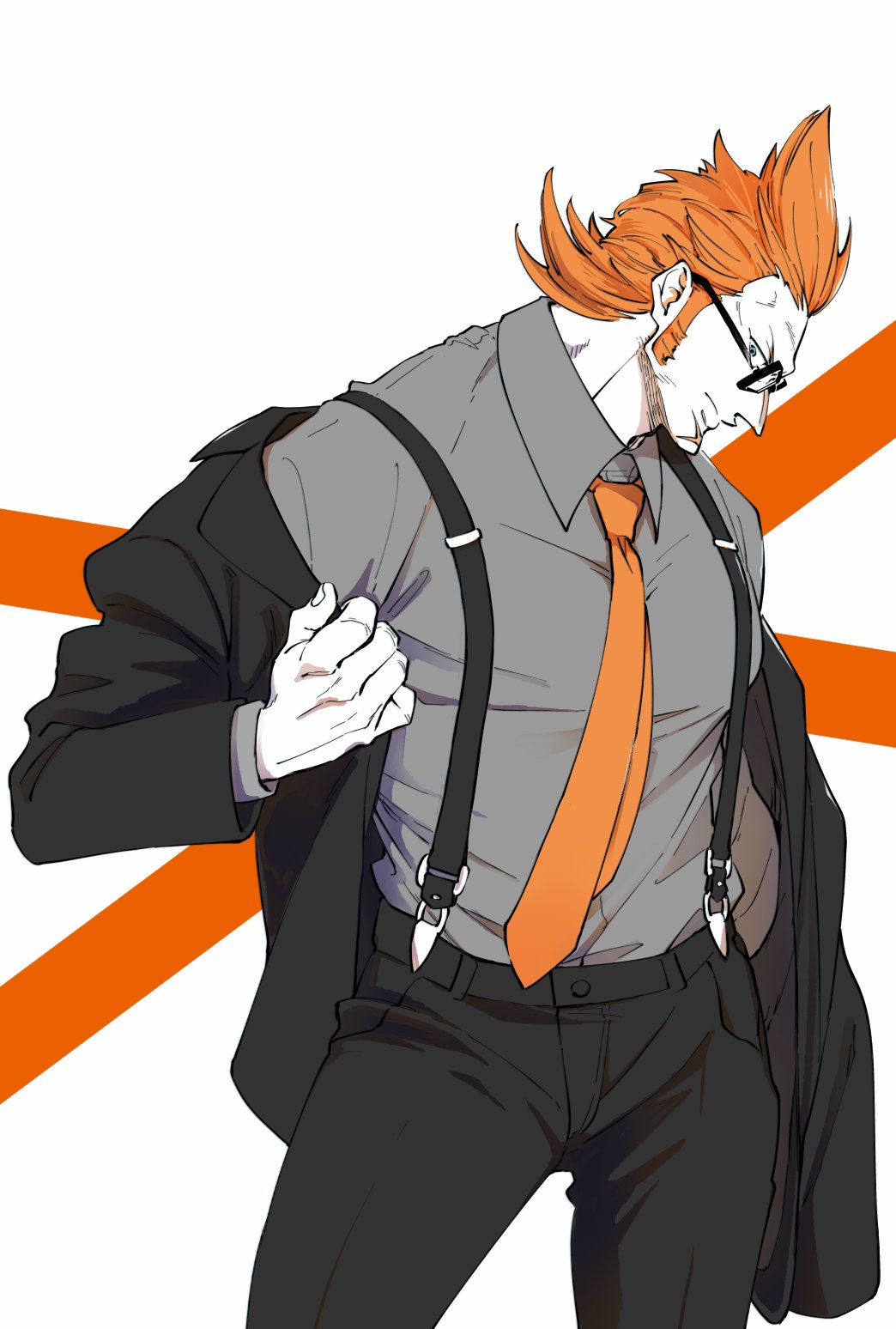 1boy, black_pants, commentary_request, cowboy_shot, grey_shirt, highres, looking_at_viewer, male_focus