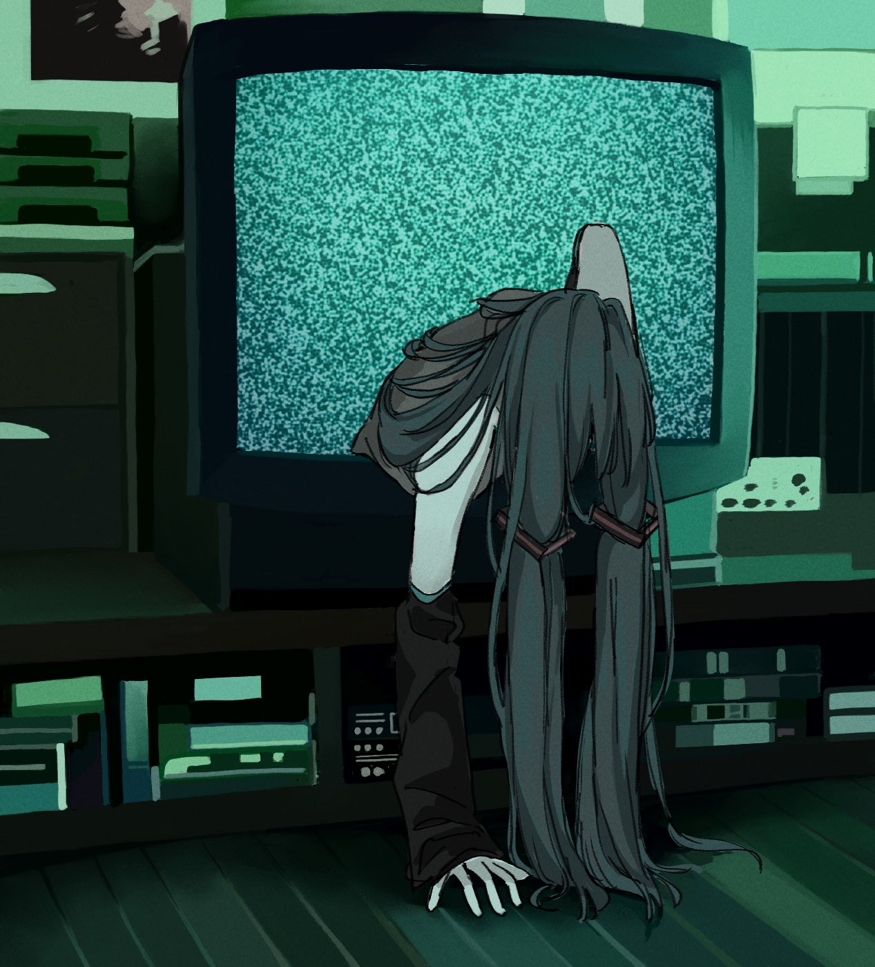 1girl, aqua_hair, black_sleeves, corduroy_(cordrawroy), detached_sleeves, grey_shirt, hair_ornament, hair_over_face