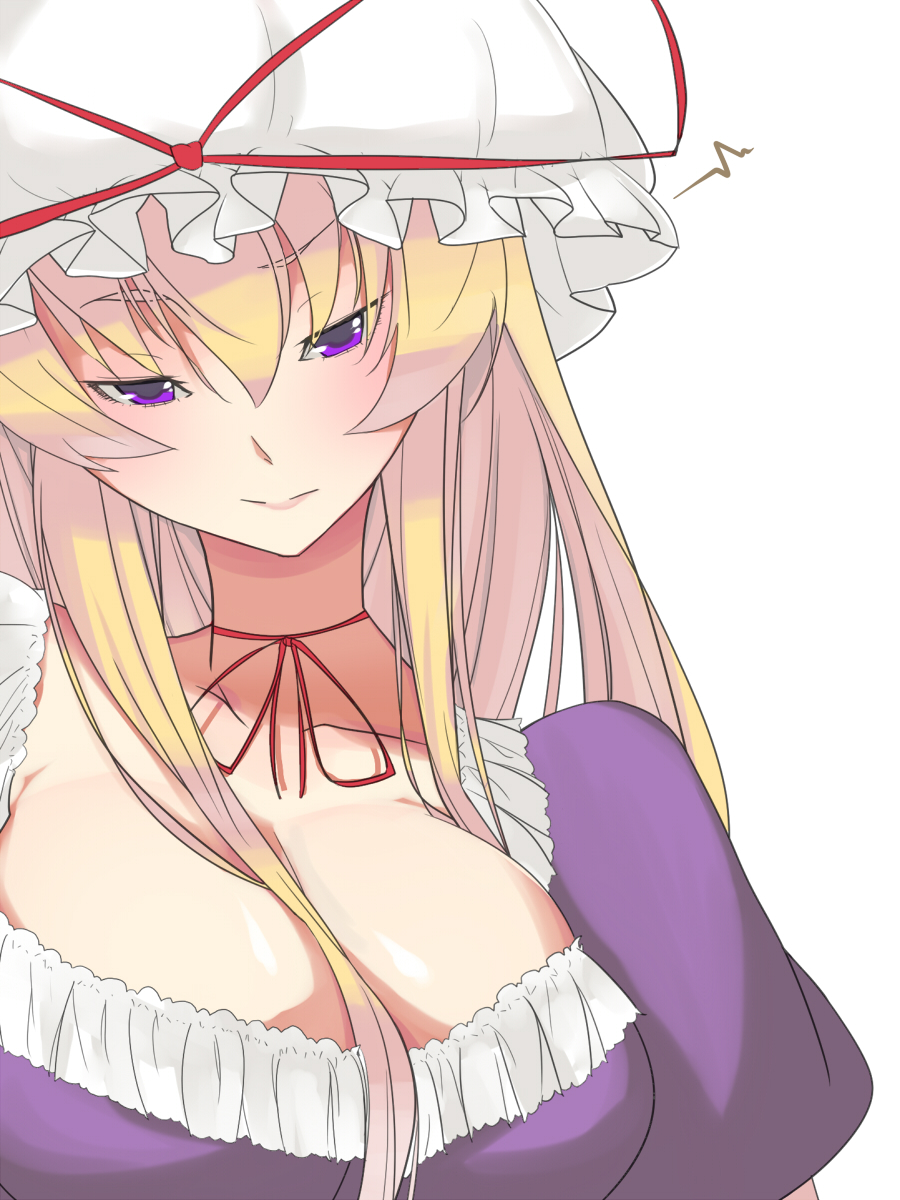 blonde_hair, breasts, bust, choker, cleavage, dek, hat, hat_ribbon