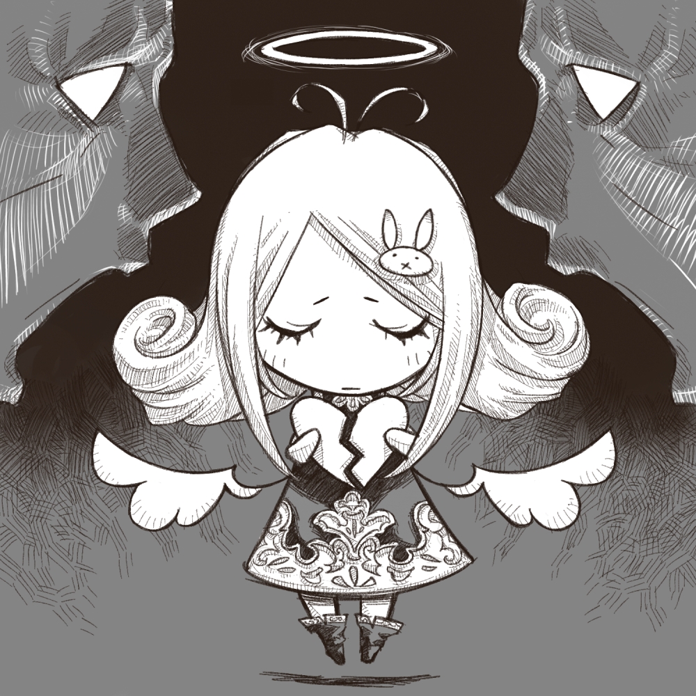 1girl, 2others, antenna_hair, black_background, blank_eyes, boots, broken_heart, chibi