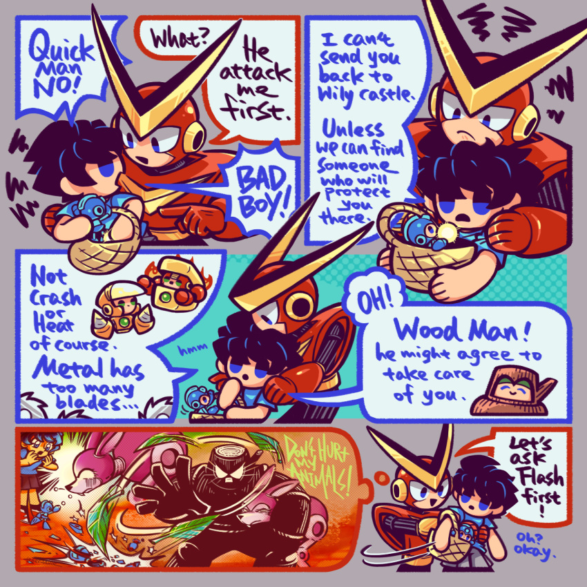 2boys, basket, black_hair, blue_eyes, blue_shirt, copy_robot_(mega_man), crash_man, english_text