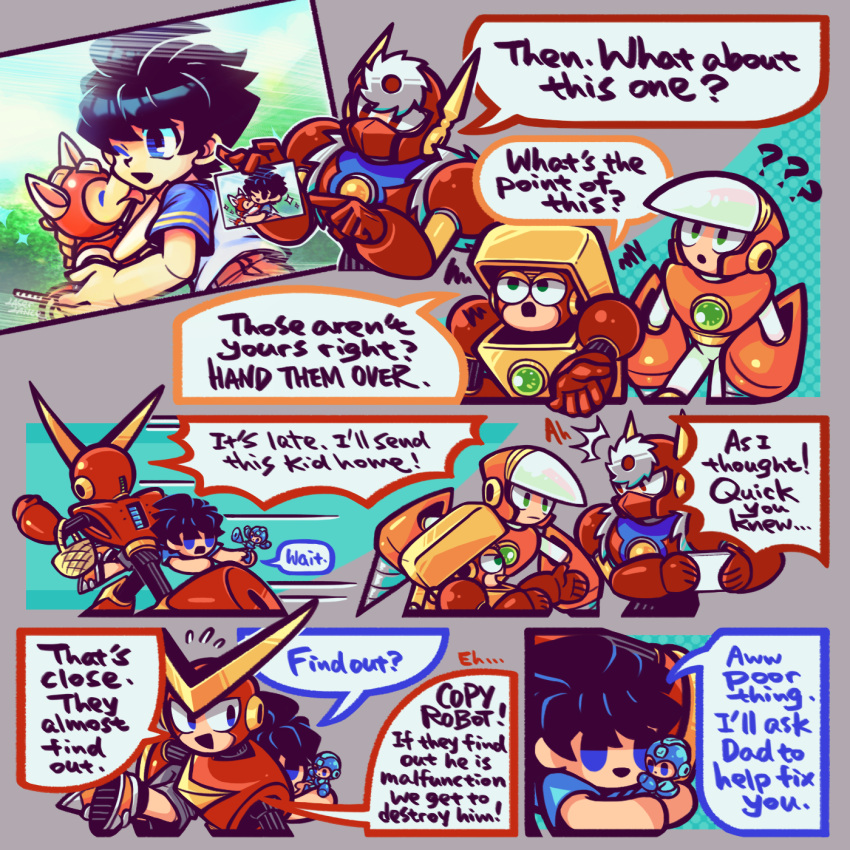 5boys, ?, ??, black_hair, blue_eyes, copy_robot_(mega_man), crash_man, english_text