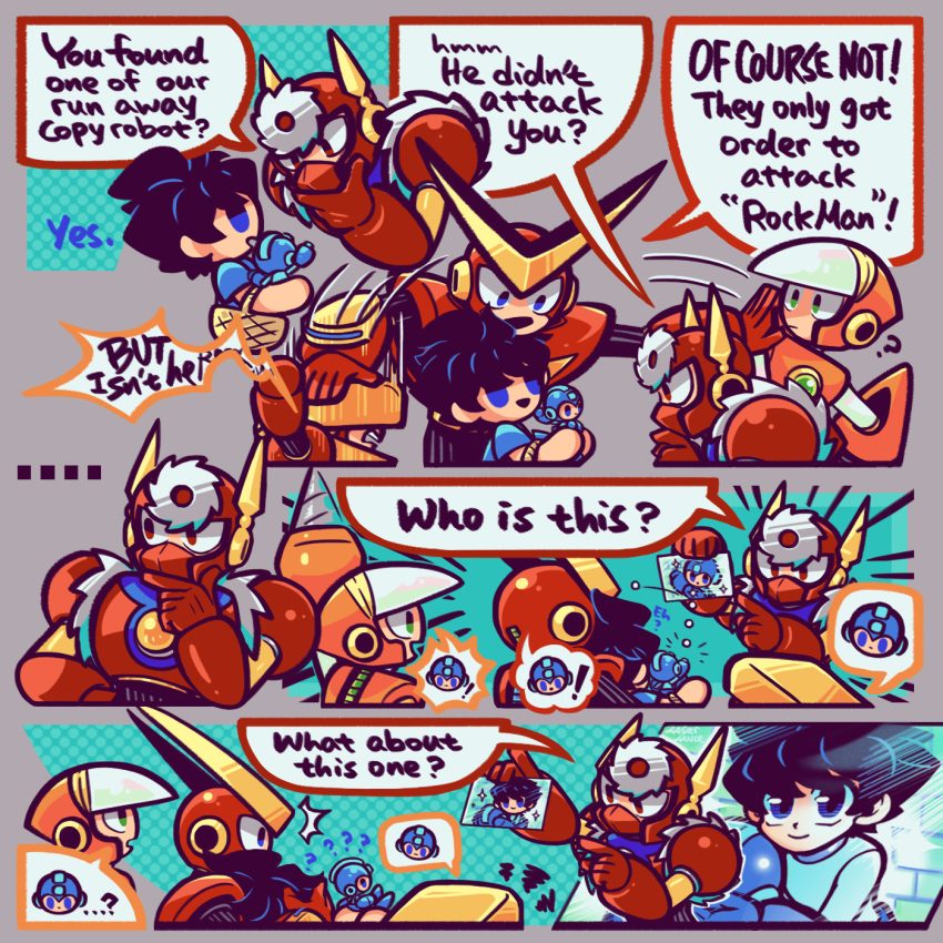 5boys, black_hair, blue_eyes, blue_shirt, copy_robot_(mega_man), crash_man, english_text, green_eyes