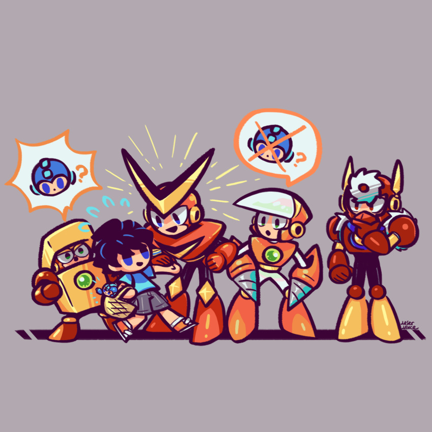 5boys, basket, black_hair, blue_eyes, blue_shirt, copy_robot_(mega_man), crash_man, green_eyes
