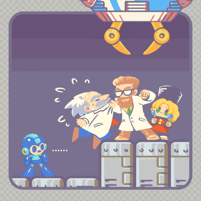 ..., 1girl, 3boys, beard, black-framed_eyewear, blonde_hair, blue_eyes, brown_hair