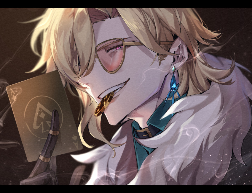 1boy, aqua_shirt, aventurine_(honkai:_star_rail), black_gloves, blonde_hair, card, coin, collared_shirt