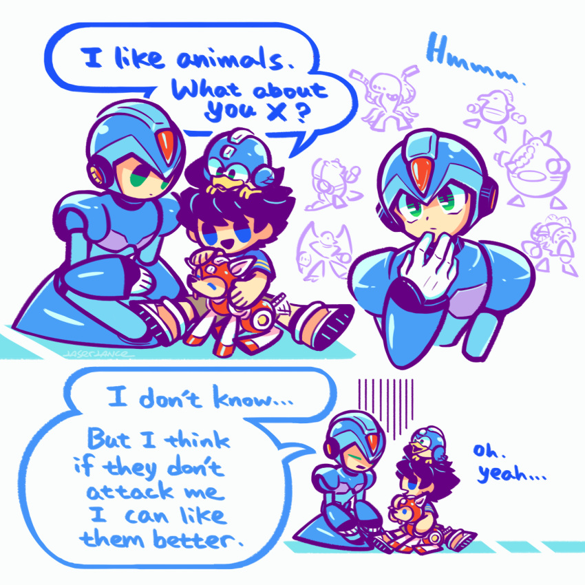 2boys, beat_(mega_man), blue_eyes, closed_mouth, eddie_(mega_man), english_text, expressionless, green_eyes