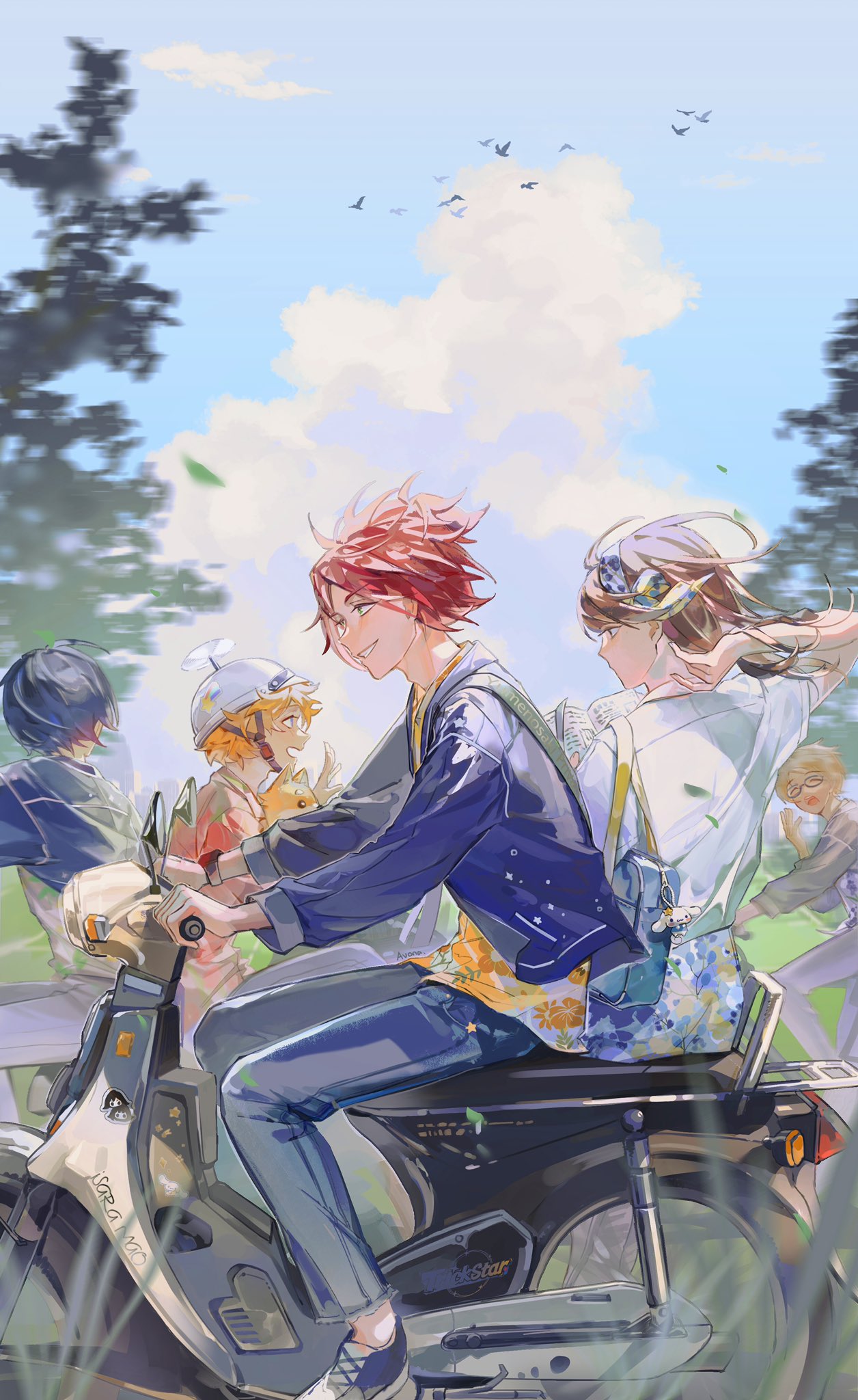 4boys, akehoshi_subaru, anna_(avona), arm_behind_head, bag, bird, black-framed_eyewear, black_bird