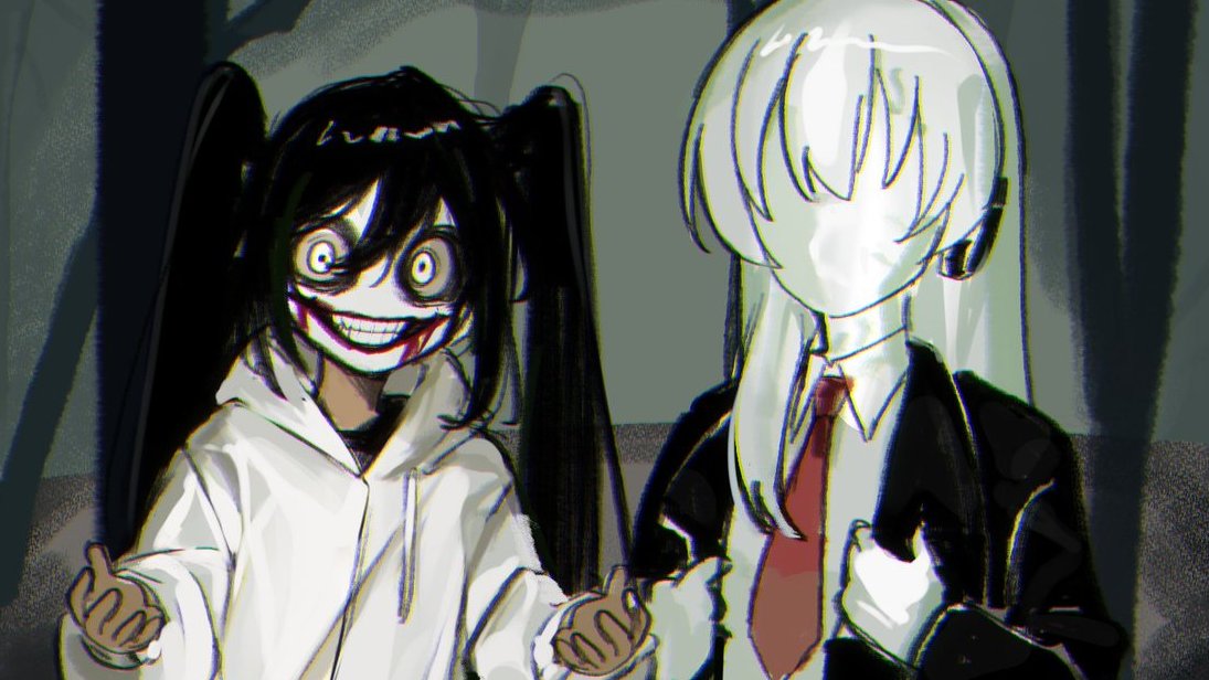 2girls, bags_under_eyes, black_hair, black_suit, blood, blood_from_mouth, colored_skin, commentary