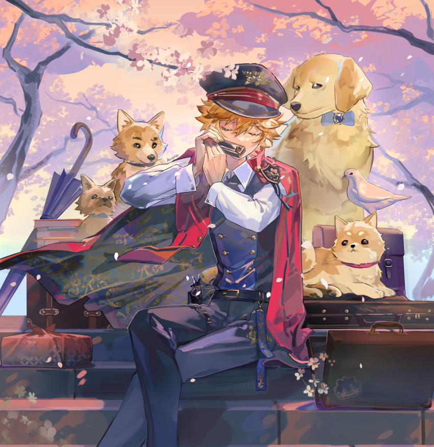 1boy, akehoshi_subaru, anna_(avona), bag, belt, belt_buckle, bird, bishounen