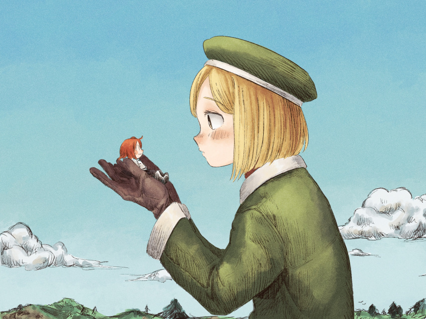 2girls, beret, black_gloves, blonde_hair, blue_sky, blunt_ends, blush, bob_cut