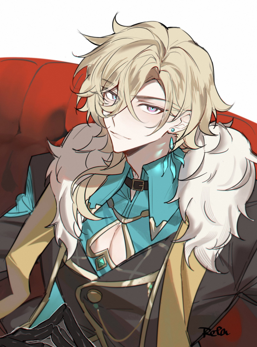 1boy, aqua_shirt, aventurine_(honkai:_star_rail), blonde_hair, closed_mouth, clothing_cutout, collared_shirt, earrings, fur_trim, hair_between_eyes, highres, honkai:_star_rail, honkai_(series), jewelry, looking_at_viewer, male_focus, pectoral_cleavage, pectorals, reta_oxo, retayanmo, shirt, short_hair, sitting, solo, upper_body