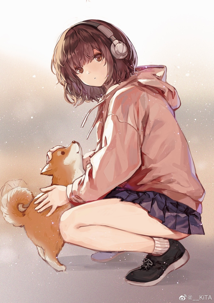 1girl, afterimage, bare_legs, black_footwear, blue_skirt, blurry, blurry_background, brown_eyes