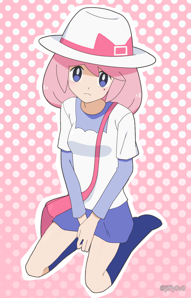 1girl, bag, blue_socks, bright_pupils, closed_mouth, frown, full_body, hat