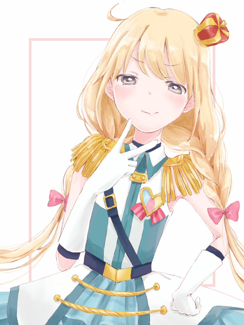 1girl, ahoge, badge, belt, blonde_hair, blue_dress, border, bow