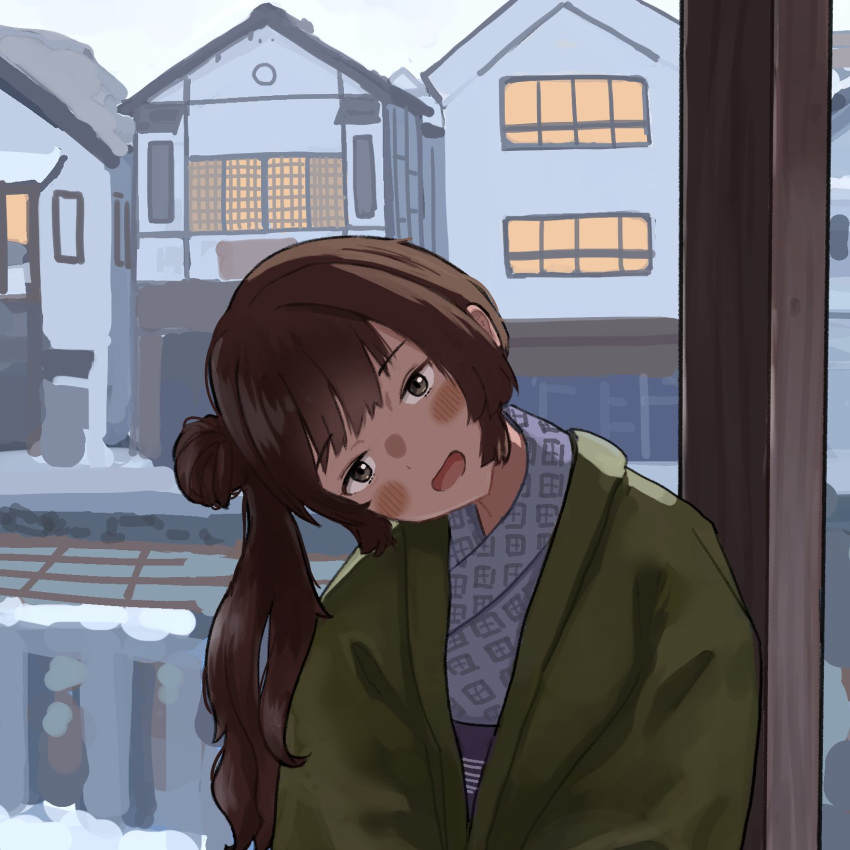 1girl, against_pillar, alternate_costume, architecture, backlighting, blue_kimono, blush, brown_hair