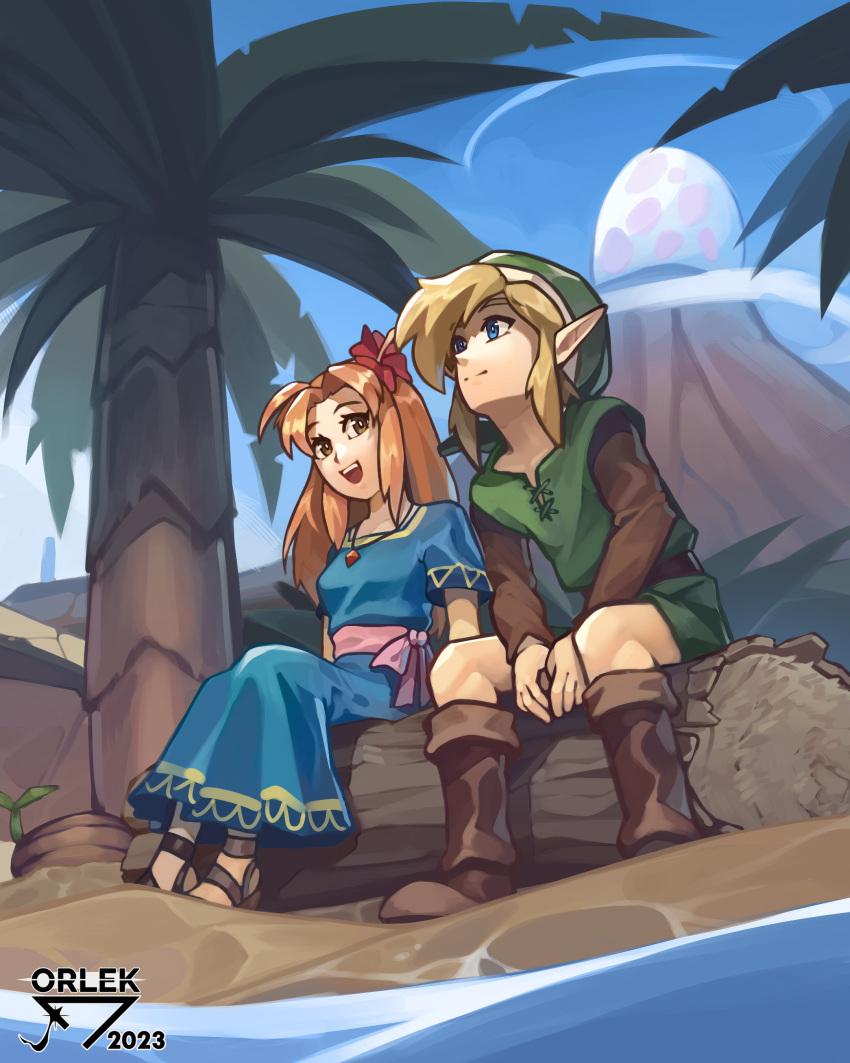 1boy, 1girl, absurdres, artist_name, beach, blonde_hair, blue_dress, blue_eyes