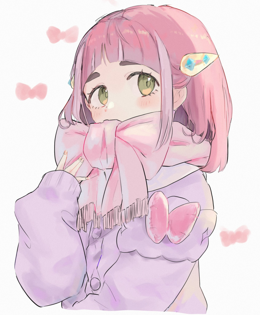 1girl, arched_bangs, blush, bow, buttons, cardigan, commentary_request, eyelashes