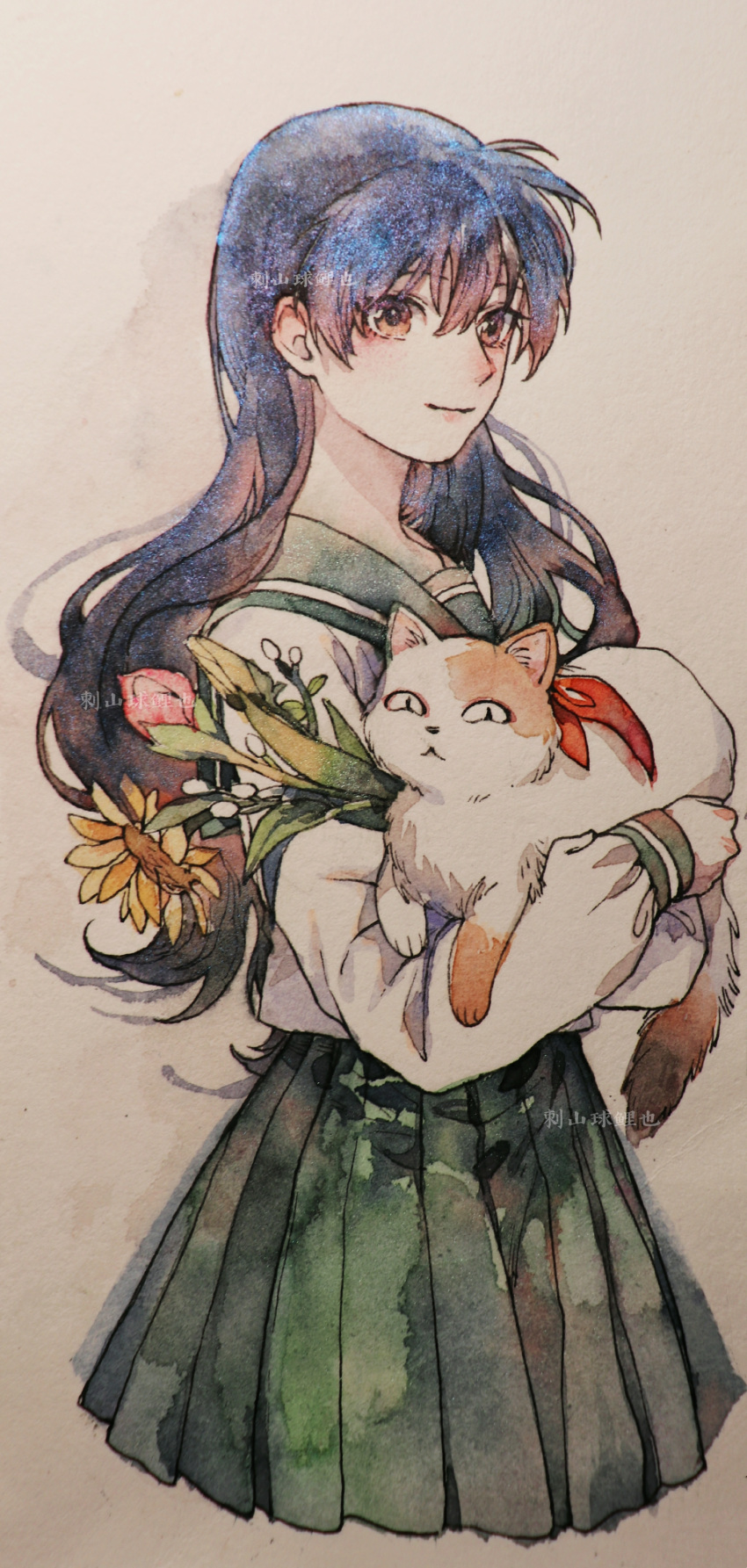 1girl, absurdres, animal, black_hair, bouquet, brown_eyes, buyo_(inuyasha), cat
