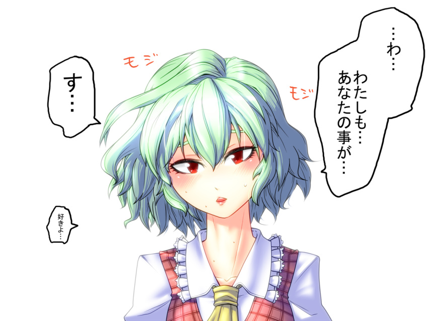 blush, confession, embarrassed, geneil, green_hair, kazami_yuuka, lipstick, nervous, plaid_vest, portrait, red_eyes, short_hair, solo, sweat, touhou, translated, translation_request, white_background