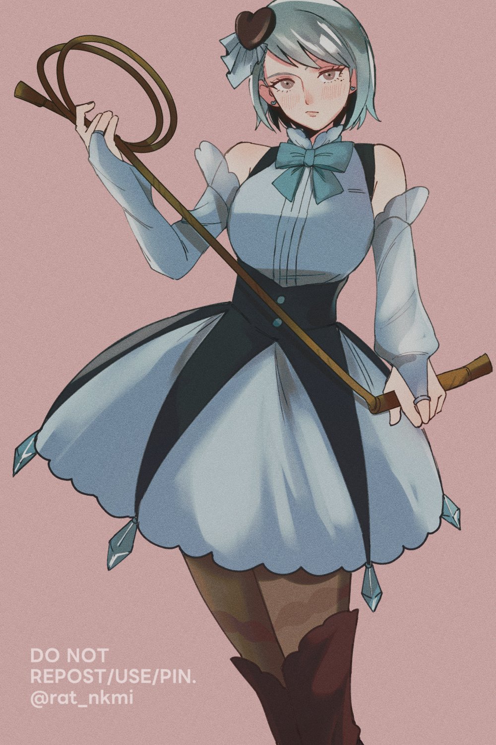 1girl, ace_attorney, alternate_costume, artist_name, bare_shoulders, blue_bow, blue_bowtie, blue_hair, bow, bowtie, bridal_gauntlets, brown_background, brown_eyes, closed_mouth, detached_sleeves, dress, ear_piercing, eyelashes, franziska_von_karma, hair_ornament, heart, heart_hair_ornament, highres, holding, holding_whip, mole, mole_under_eye, phoenix_wright:_ace_attorney_-_justice_for_all, piercing, rat_nkmi, short_hair, simple_background, sleeveless, sleeveless_dress, solo, standing, twitter_username