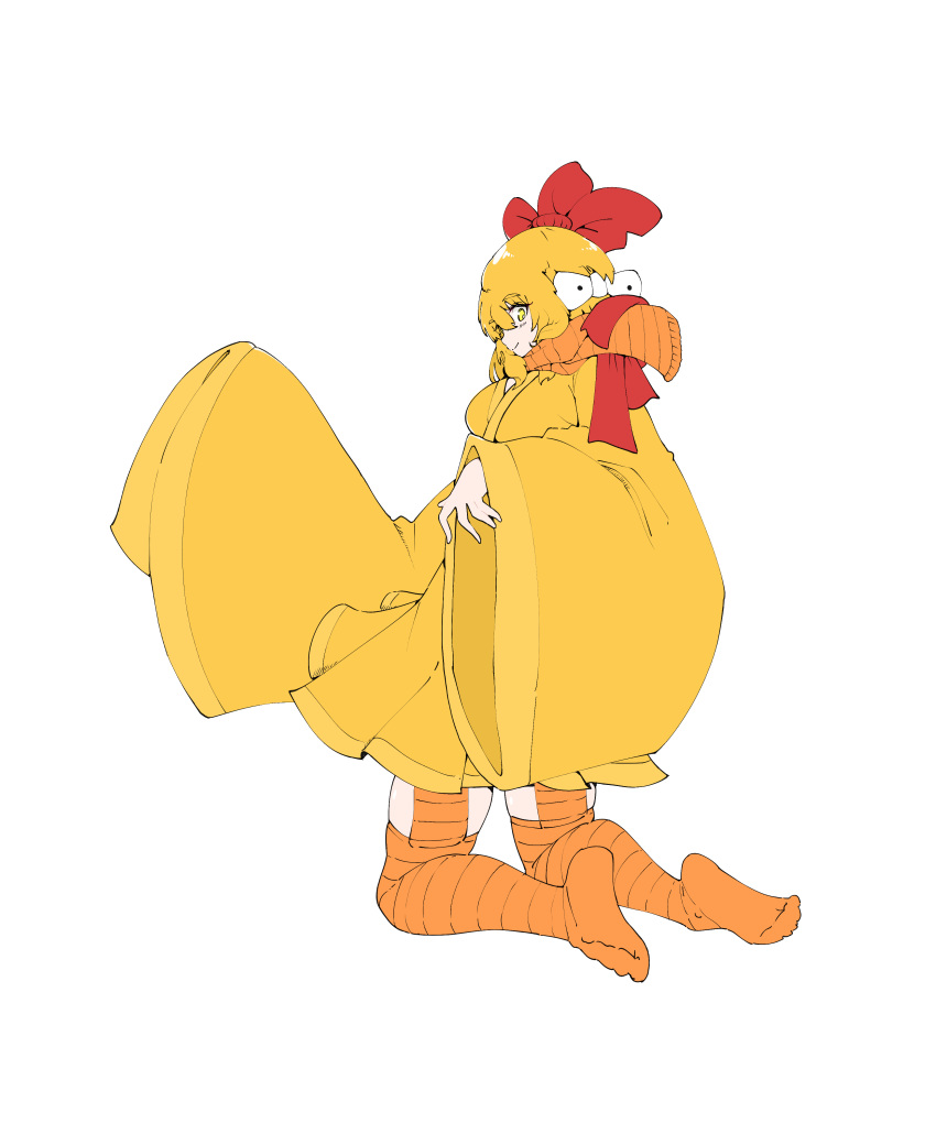 1girl, absurdres, ai-generated_art_(topic), animification, archives.gokulism, blonde_hair, bow, ernie_the_giant_chicken