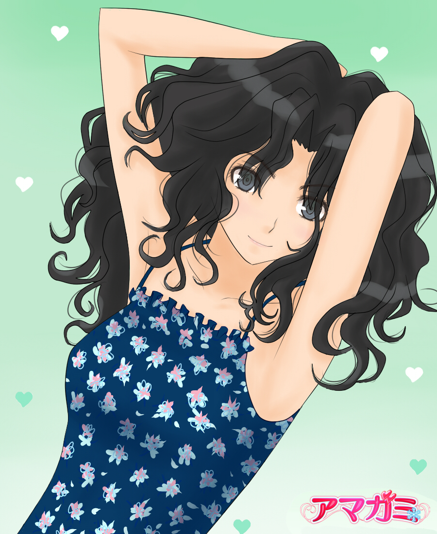 1girl, amagami, armpits, arms_up, black_eyes, black_hair, casual, coroske