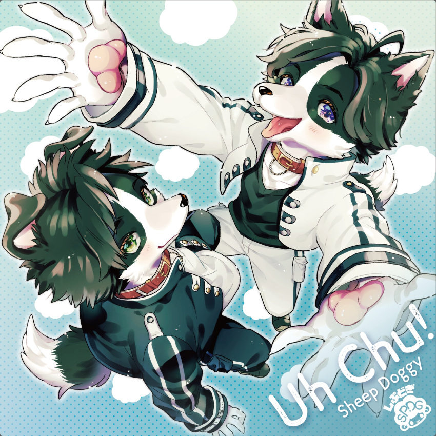 2boys, ahoge, animal_collar, animal_ears, animal_hands, arms_up, artist_logo, artist_name
