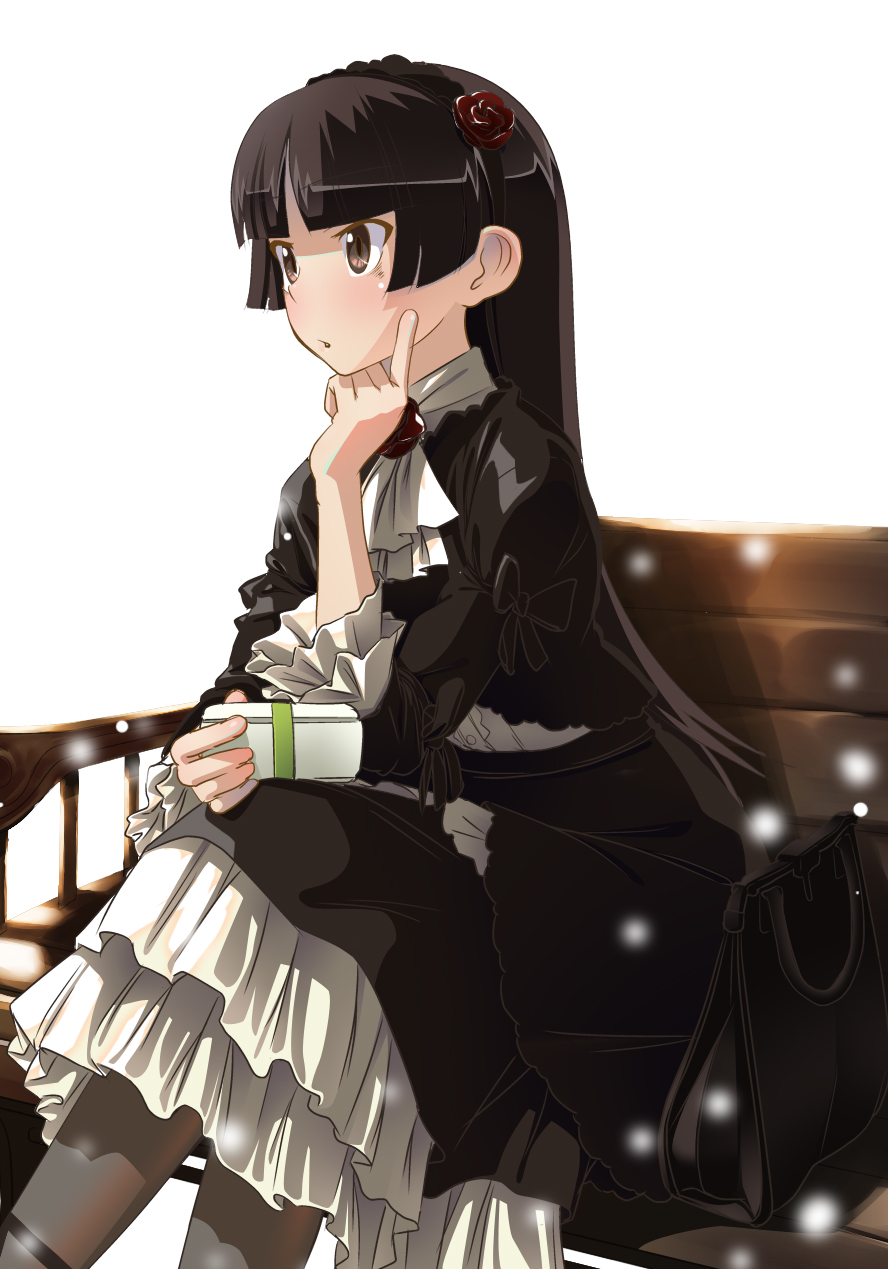 bangs, black_hair, blunt_bangs, blush, brown_eyes, dress, flower, frills, gokou_ruri, gothic, gothic_lolita, gray_pantyhose, hairband, handbag, highres, hime_cut, lolita_fashion, long_hair, mole, open_mouth, ore_no_imouto_ga_konna_ni_kawaii_wake_ga_nai, pantyhose, ribbon, solo, watai