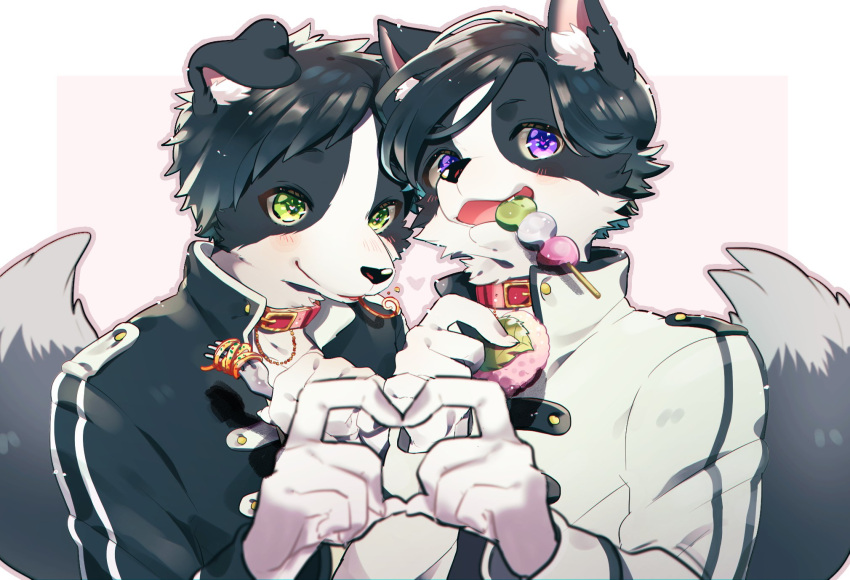 2boys, animal_collar, animal_ear_fluff, animal_ears, bishounen, black_fur, black_hair, black_jacket