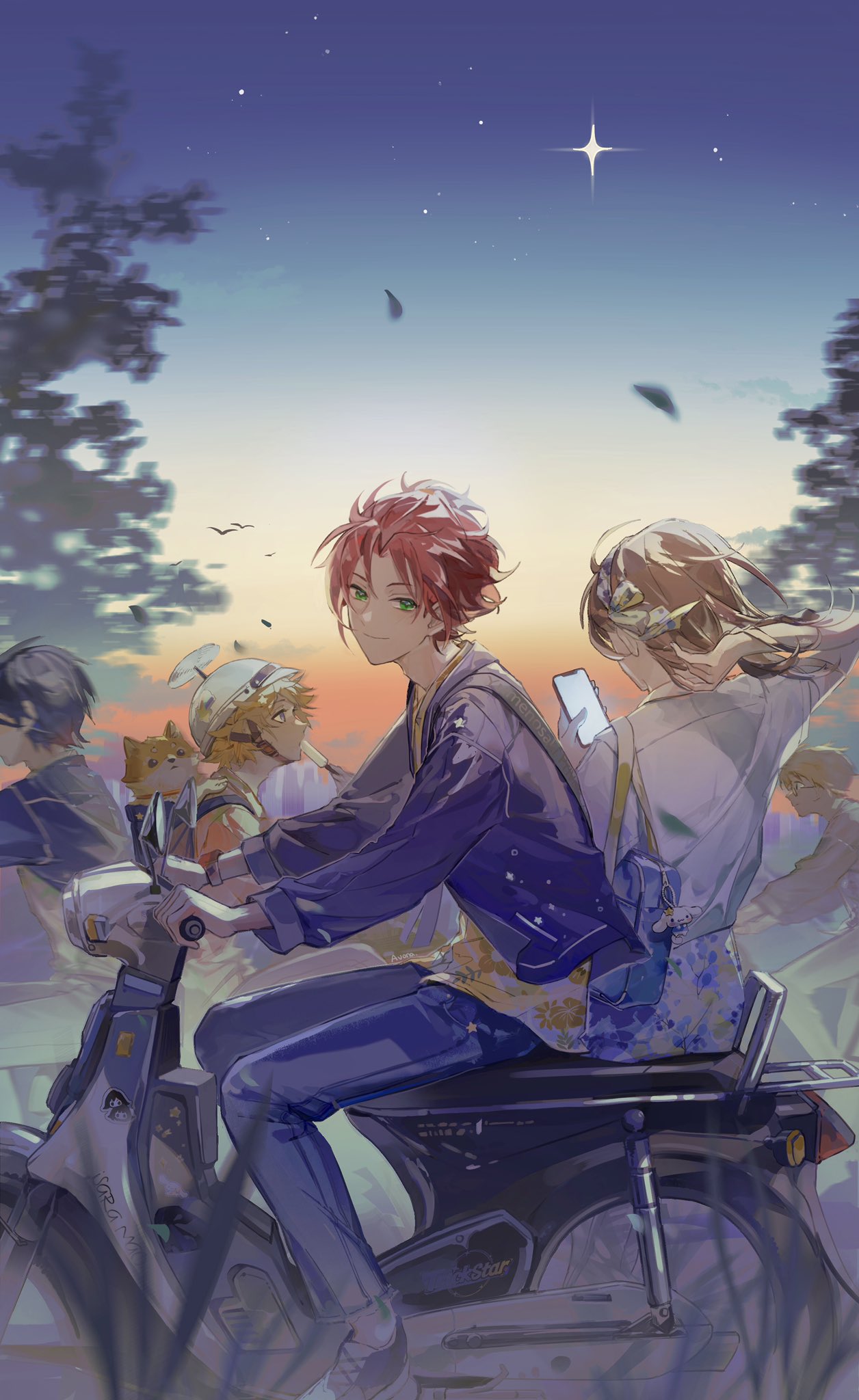 1girl, 4boys, akehoshi_subaru, anna_(avona), anzu_(ensemble_stars!), arm_behind_head, backpack, bag