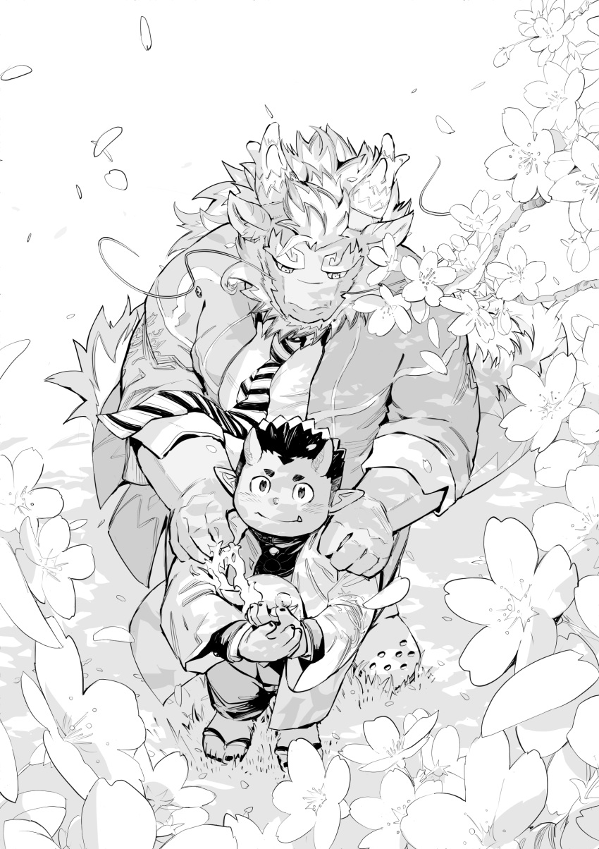2boys, absurdres, amanojaku_(housamo), beard, dragon_boy, dragon_horns, facial_hair, full_beard