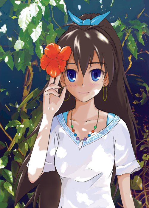 brown_hair, earrings, flower, ganaha_hibiki, hibiscus, idolmaster, jewelry, long_hair, necklace, rumba_(mokapurin), smile, solo